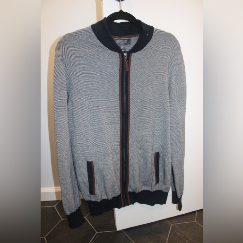 Men’s Coercion Zip-Up Cardigan | Gray & White Striped | Size Medium | Dressy